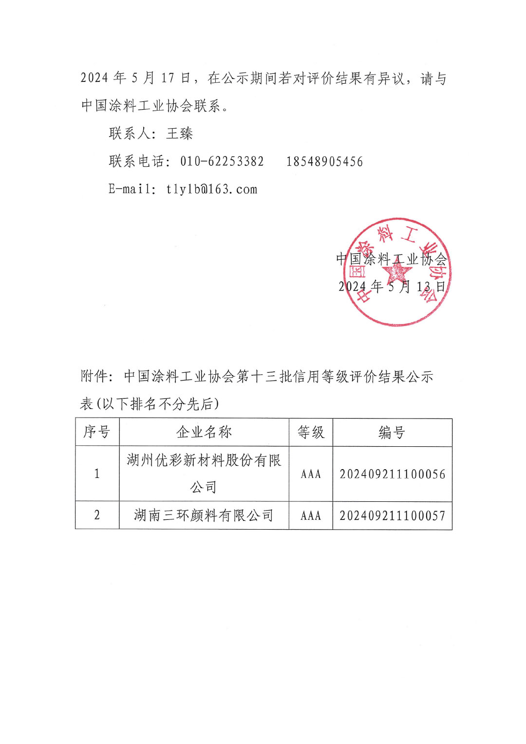 中国涂料工业协会第十三批企业信用等级评价结果公示20240513-2