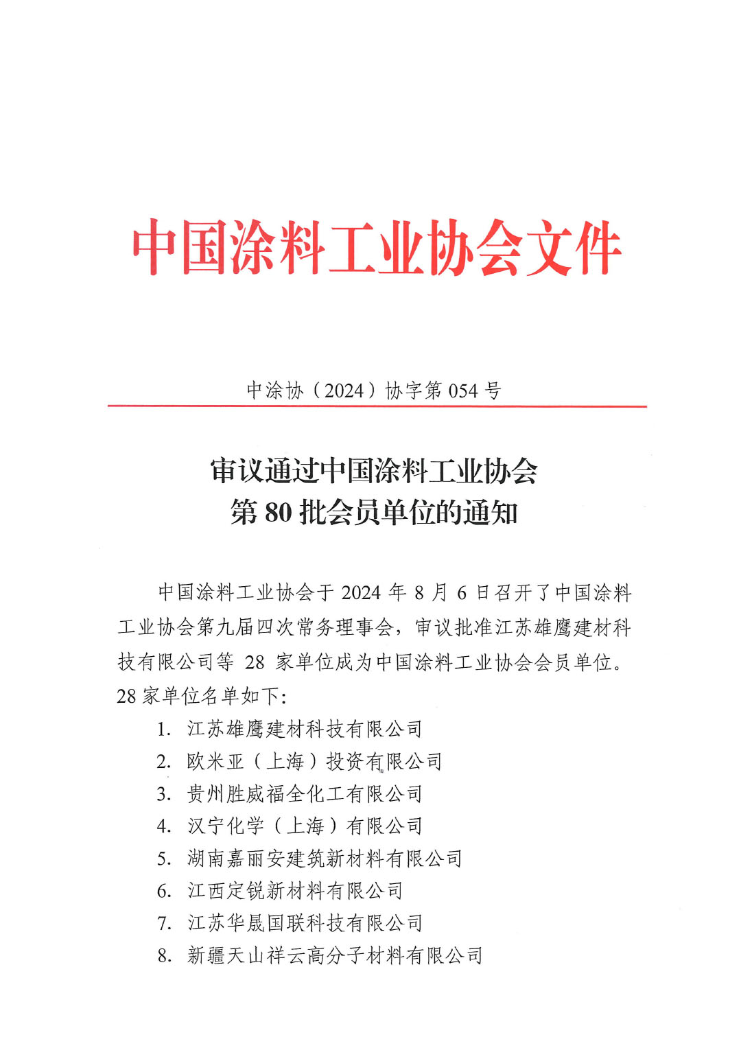 审议通过中国涂料工业协会第80批会员的通知-1