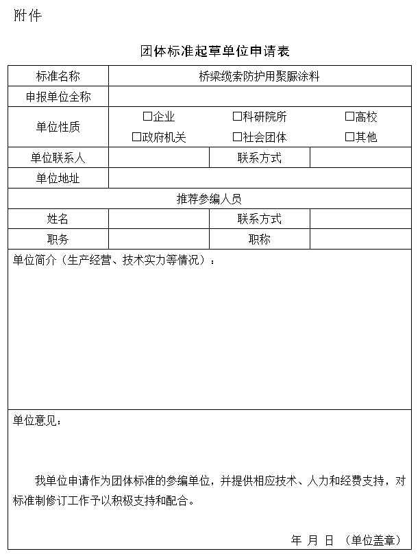 附件：团体标准起草单位申请表